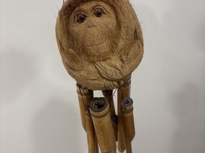 Hand-Carved Coconut Monkey Face Bamboo Wind Chime - Natural Rustic Decor