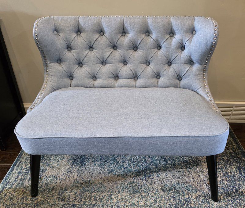 Light Blue Tufted Settee Loveseat with Nailhead Trim and Dark Wooden Legs