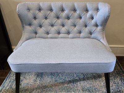 Light Blue Tufted Settee Loveseat with Nailhead Trim and Dark Wooden Legs