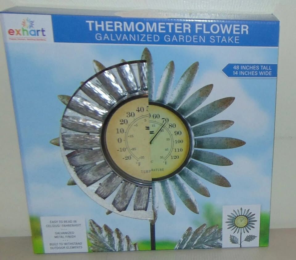 Exhart Galvanized Metal Garden Stake Flower Thermometer 48 Inches Tall, New