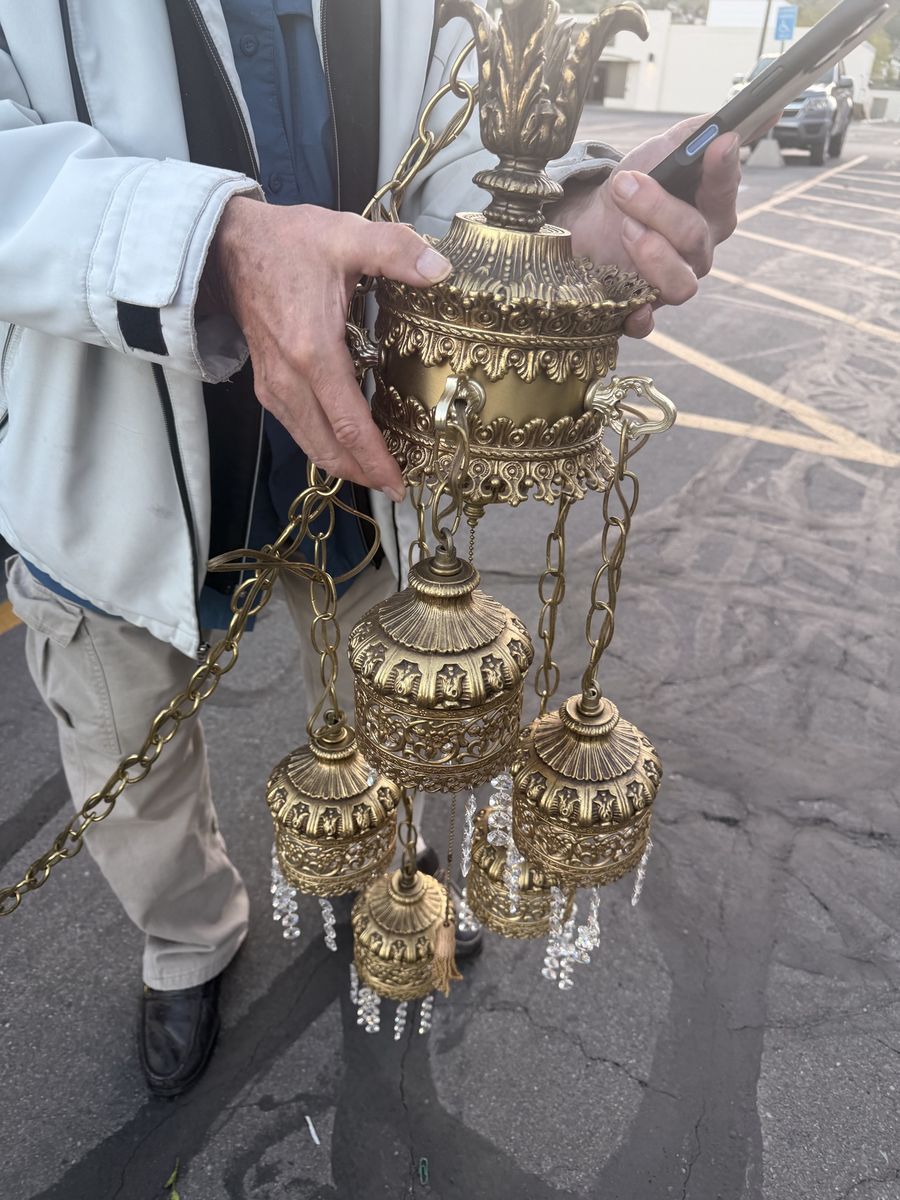 Vintage Brass T Swag Light 5 Tier Hanging Lamp