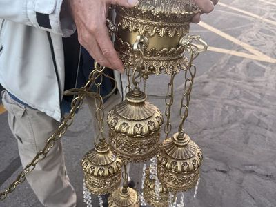 Vintage Brass T Swag Light 5 Tier Hanging Lamp
