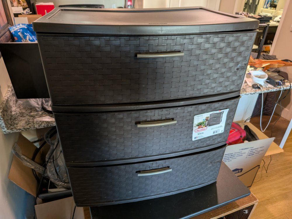 Sterilite Wide 3-Drawer Weave Tower, Espresso, Plastic Storage Cabinet Dresser Organizer