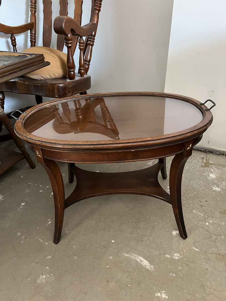 Vintage oval butler table with removable glass serving tray top and Star Accents,