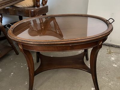 Vintage oval butler table with removable glass serving tray top and Star Accents,