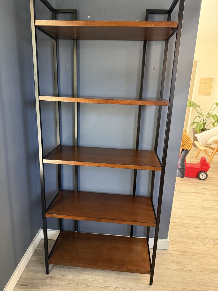 Industrial Wood and Black Metal 5-Tier Bookshelf Display Unit