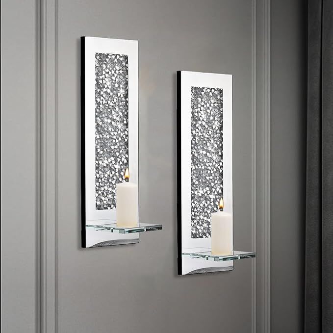 Crystal Crush Modern Mirrored Diamond Wall Candle Holder Set of 2