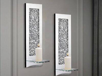 Crystal Crush Modern Mirrored Diamond Wall Candle Holder Set of 2