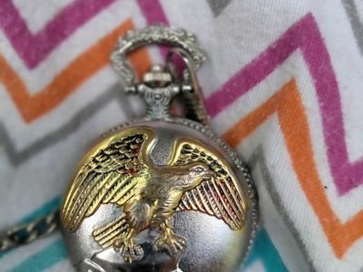 Vintage Style Quartz Pocket Watch with Chain Eagle Motif Green Face