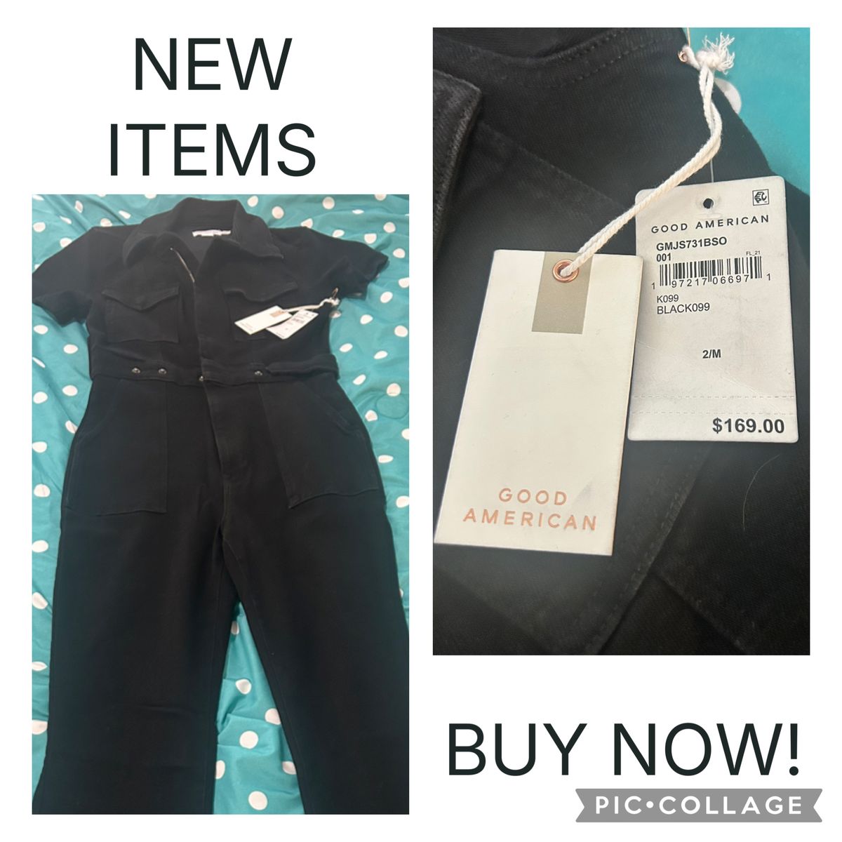 GOOD AMERICAN Women's Black Utility Jumpsuit GMJS731BSO Size 2/M with Pockets, NWT
