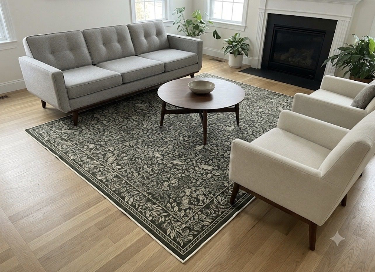 NEW 8x10 Green Area Rugs for Living Room, Vintage Floral Non-Slip Washable Rugs, Farmhouse Botanical Birds Nature
