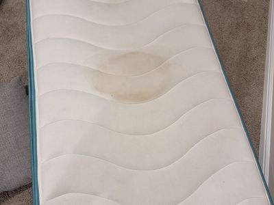 Twin Size Mattress - White with Blue Trim - Used - Needs Cleaning