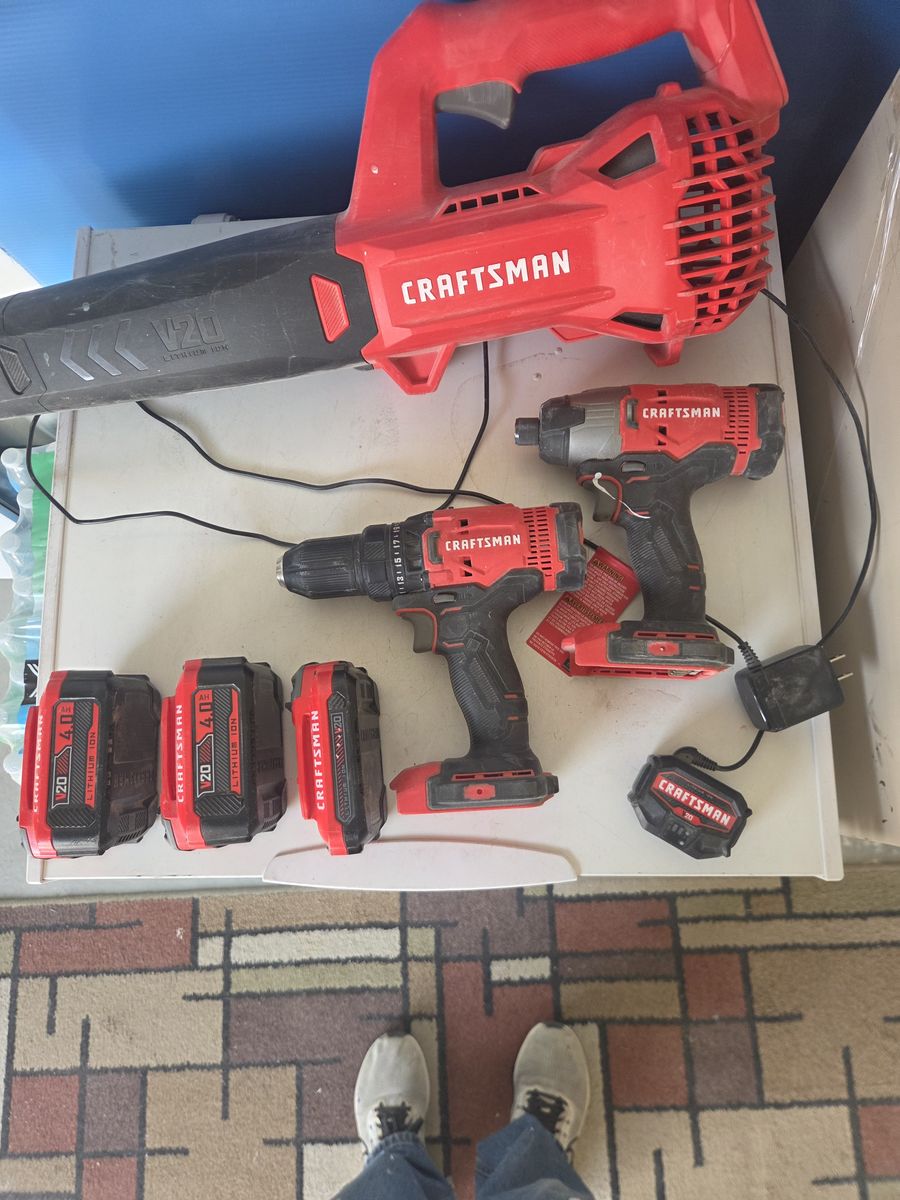 Craftsman V20 Cordless Power Tool Combo Kit - Blower, Drill, Impact Driver, 3x 4.0Ah Batteries & Charger