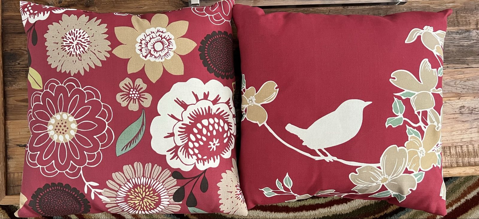 Red Floral & Bird Throw Pillows - Set of 2 Decorative Accent outdoor Cushions