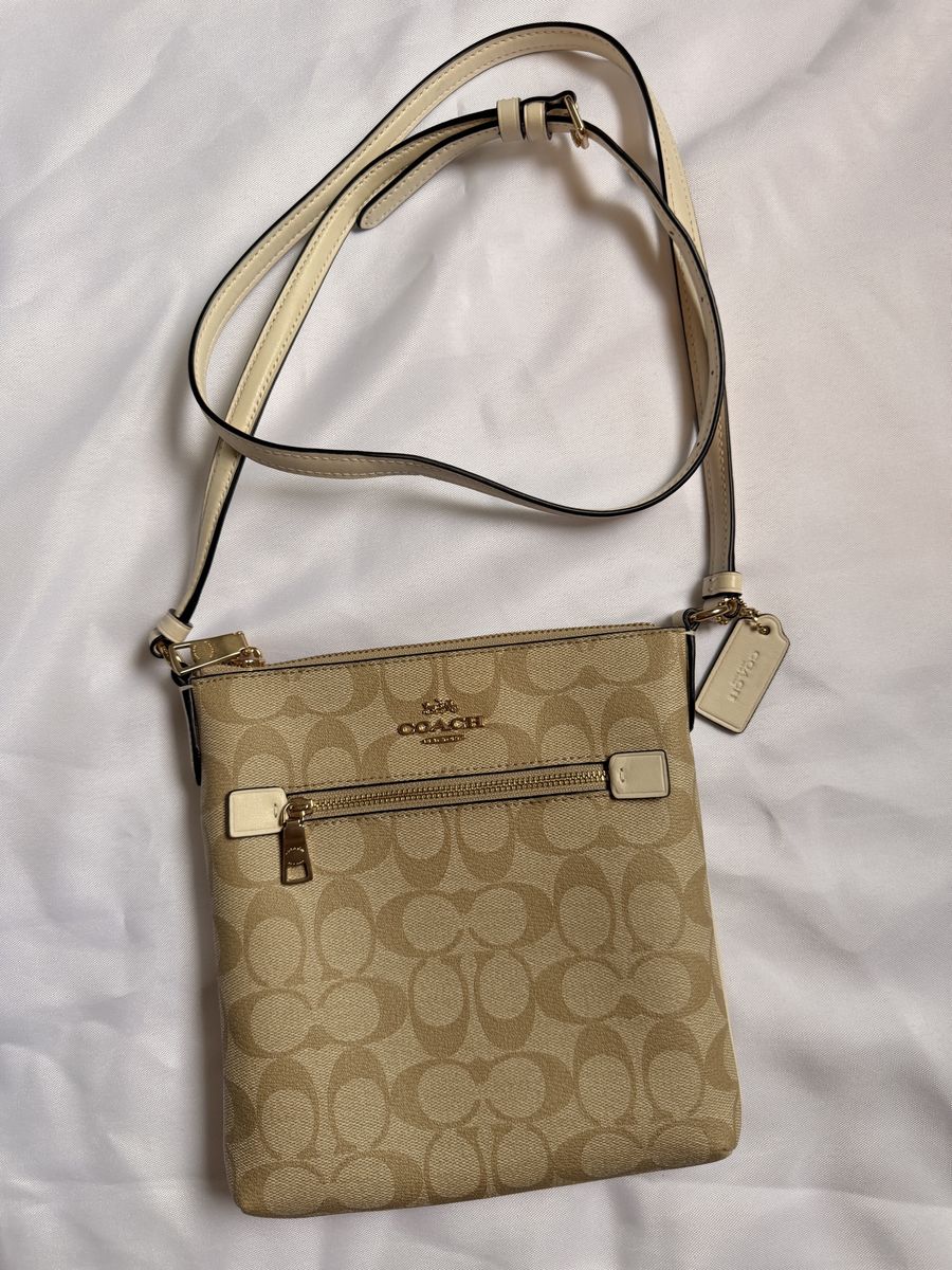 COACH Signature Canvas Rowan File Bag Crossbody, Light Khaki/Chalk