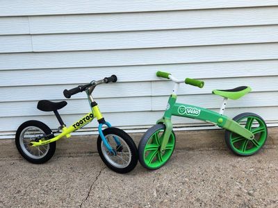 balance bike, Veso, green, too too yellow, excel cond