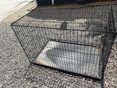 Large Black Wire Pet Crate - Used Dog Cage with Plastic Tray, Collapsible Design