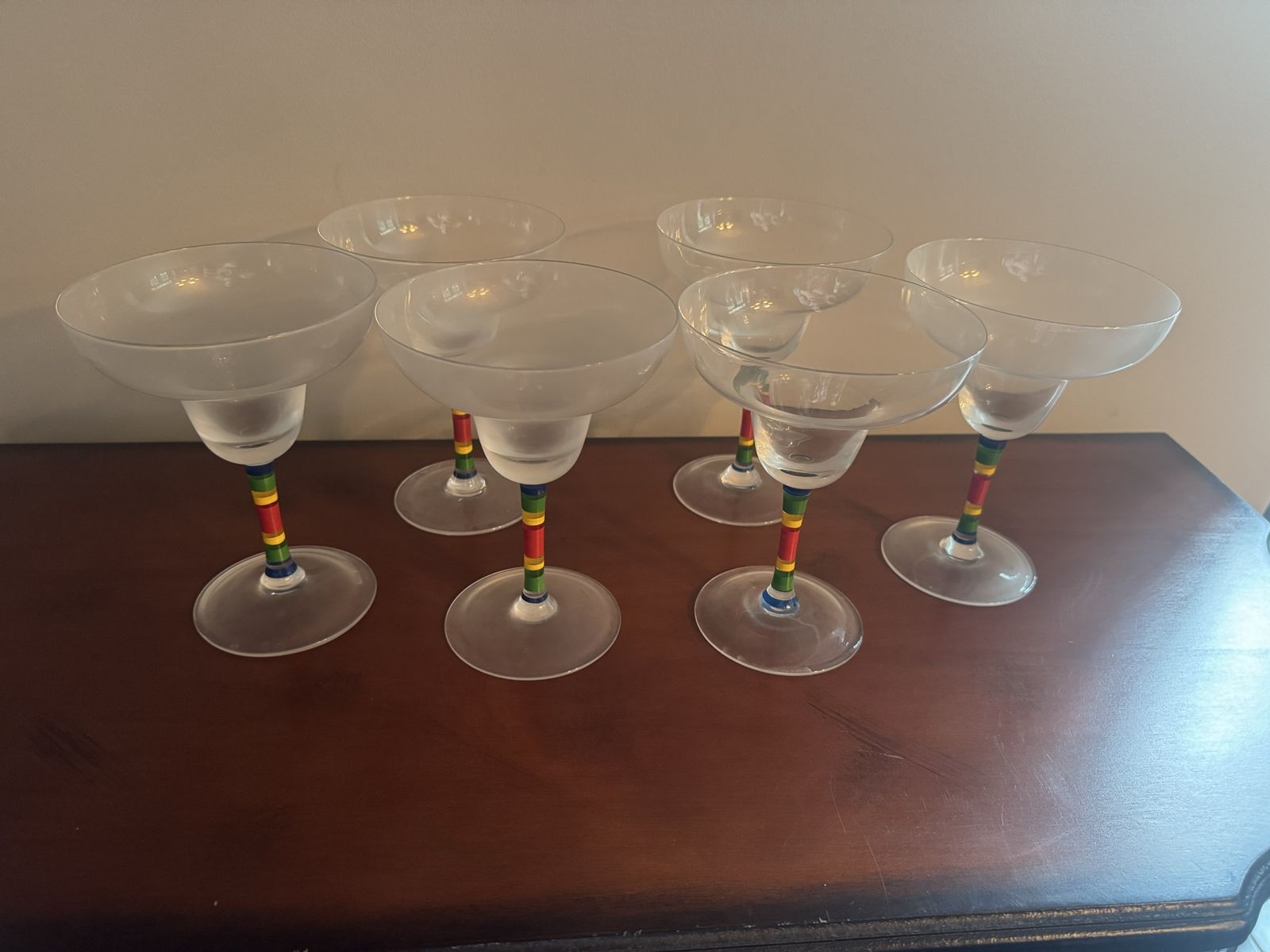 Set of 6 Margarita Glasses - Frosted with Colorful Striped Stems