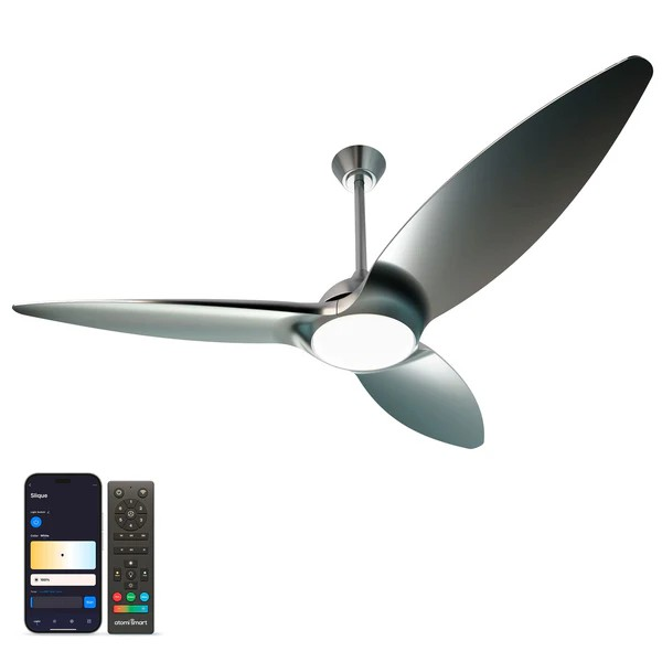 SLIQUE SMART OUTDOOR CEILING FAN 60”, METALLIC SILVER W WALNUT WOOD BLADES-NEW IN ORIGINAL BOX!!!