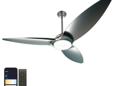 SLIQUE SMART OUTDOOR CEILING FAN 60”, METALLIC SILVER W WALNUT WOOD BLADES-NEW IN ORIGINAL BOX!!!