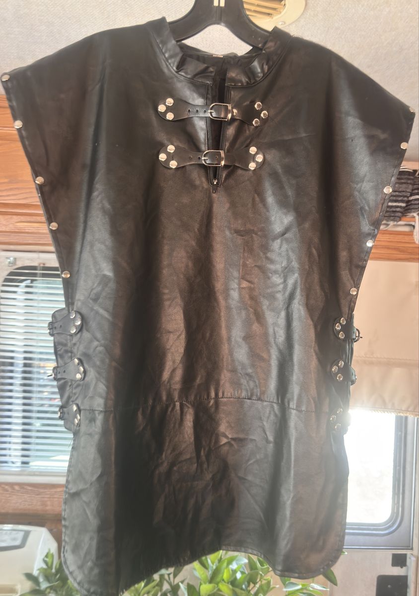 Black Faux Leather Vest Poncho with Buckles and Studs Size L