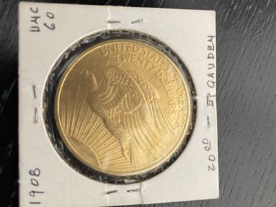 1908 Saint-Gaudens $20 Gold Double Eagle Coin - UNC