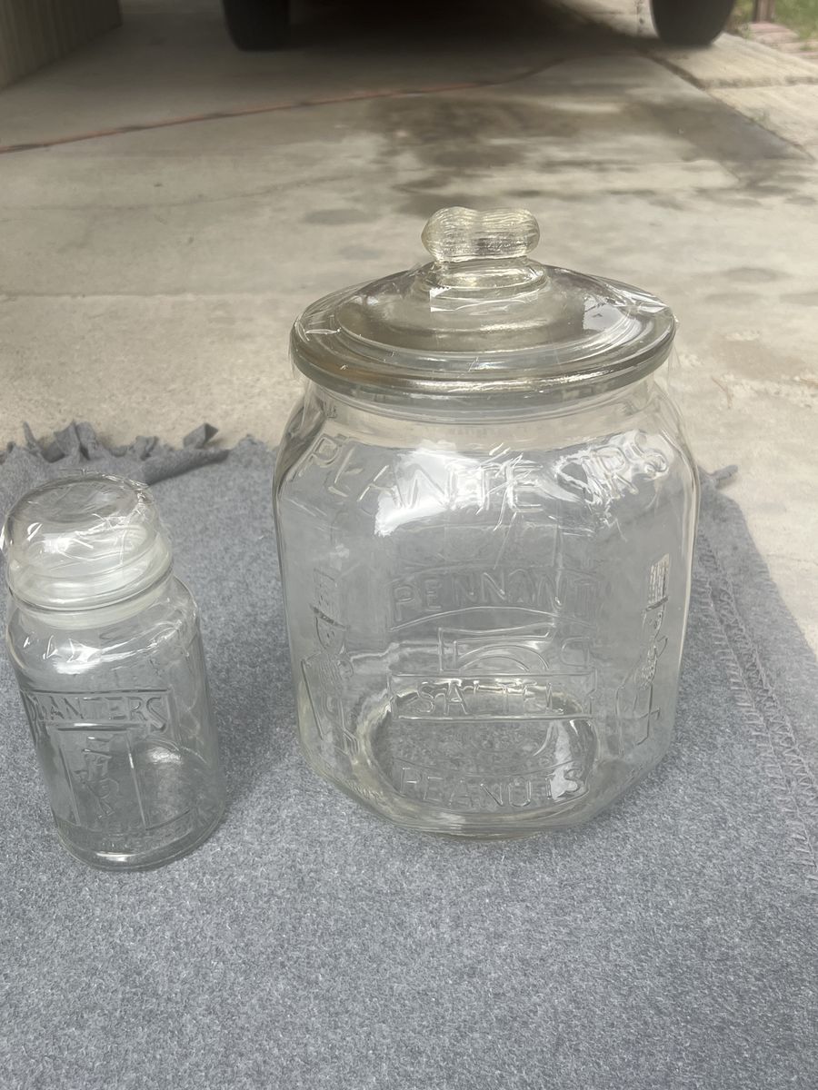 Vintage Planters Peanut Salted Peanuts Glass Jars - Large Store Counter Display & Small Collectible