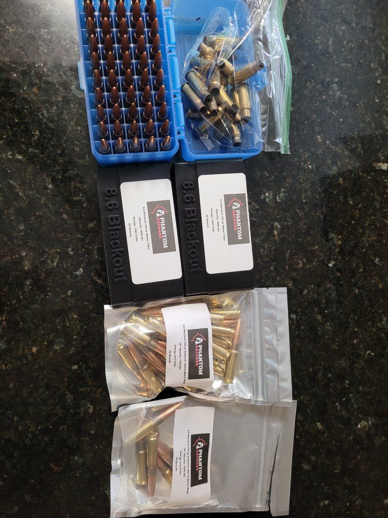 Phantom Defense 8.6 Blackout Ammunition Lot with Storage Cases and Brass