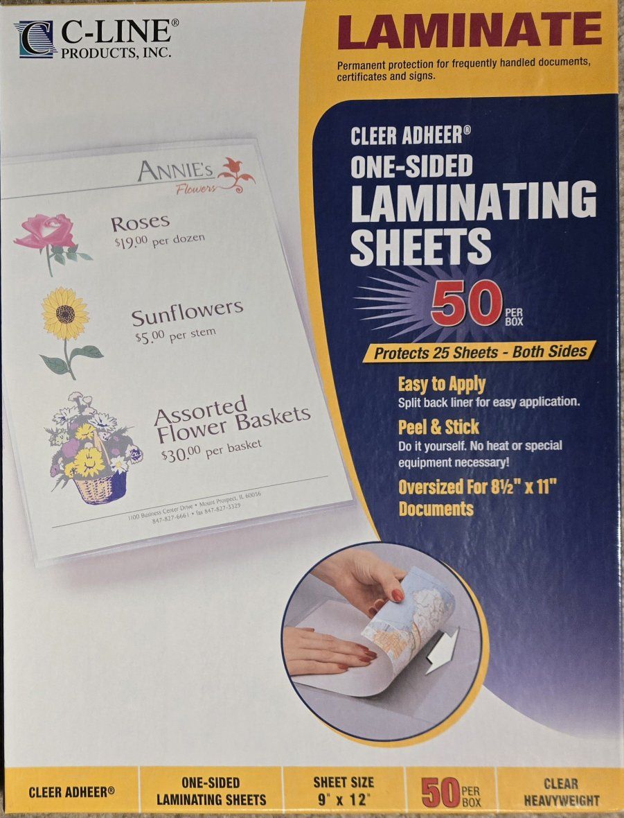 C-Line Cleer Adheer Laminating Sheets, 9"X12" 50ct