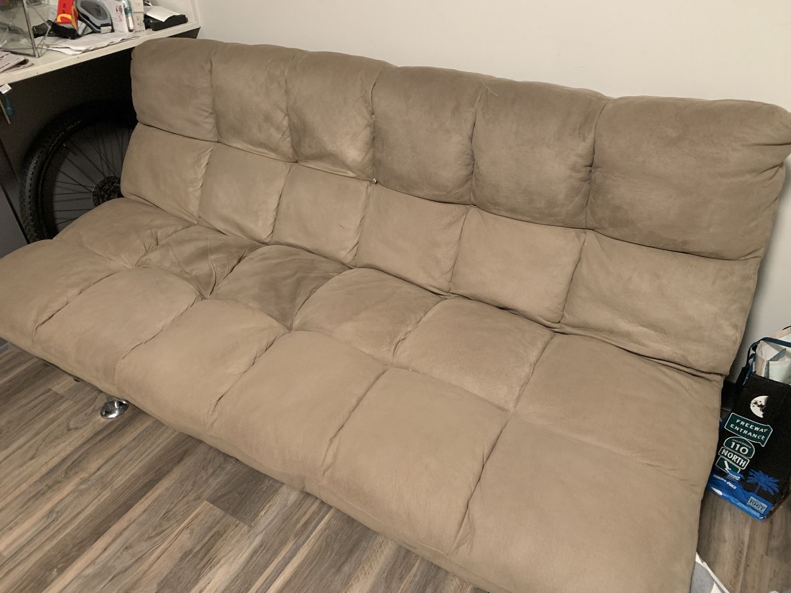 Convertible Tan Futon Sofa Bed with Adjustable Backrest, Beige Microfiber Couch