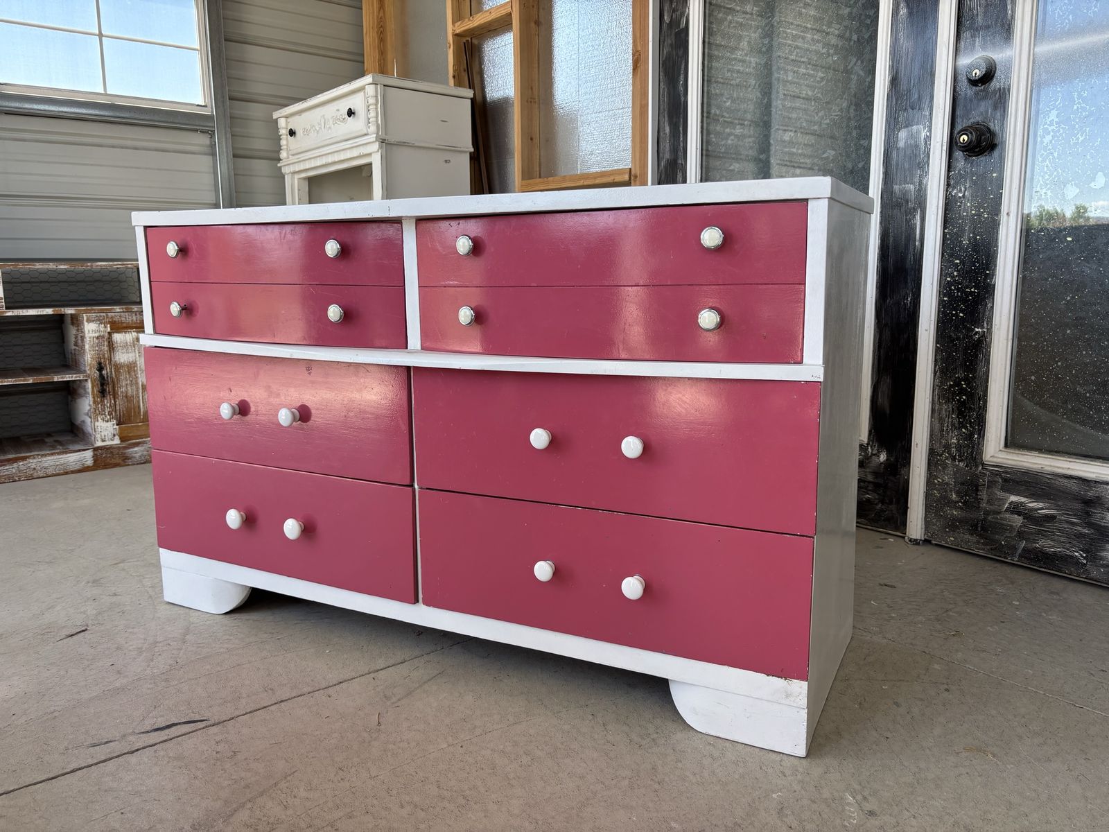 Vintage Mid-Century Modern Dresser - Pink & White w/ 6 Drawers & Unique Hardware