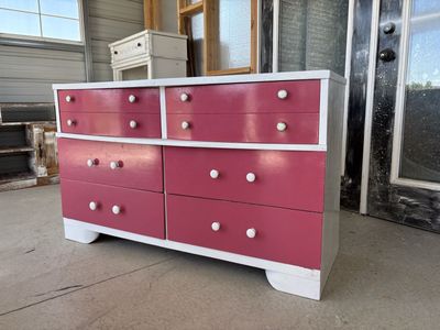 Vintage Mid-Century Modern Dresser - Pink & White w/ 6 Drawers & Unique Hardware