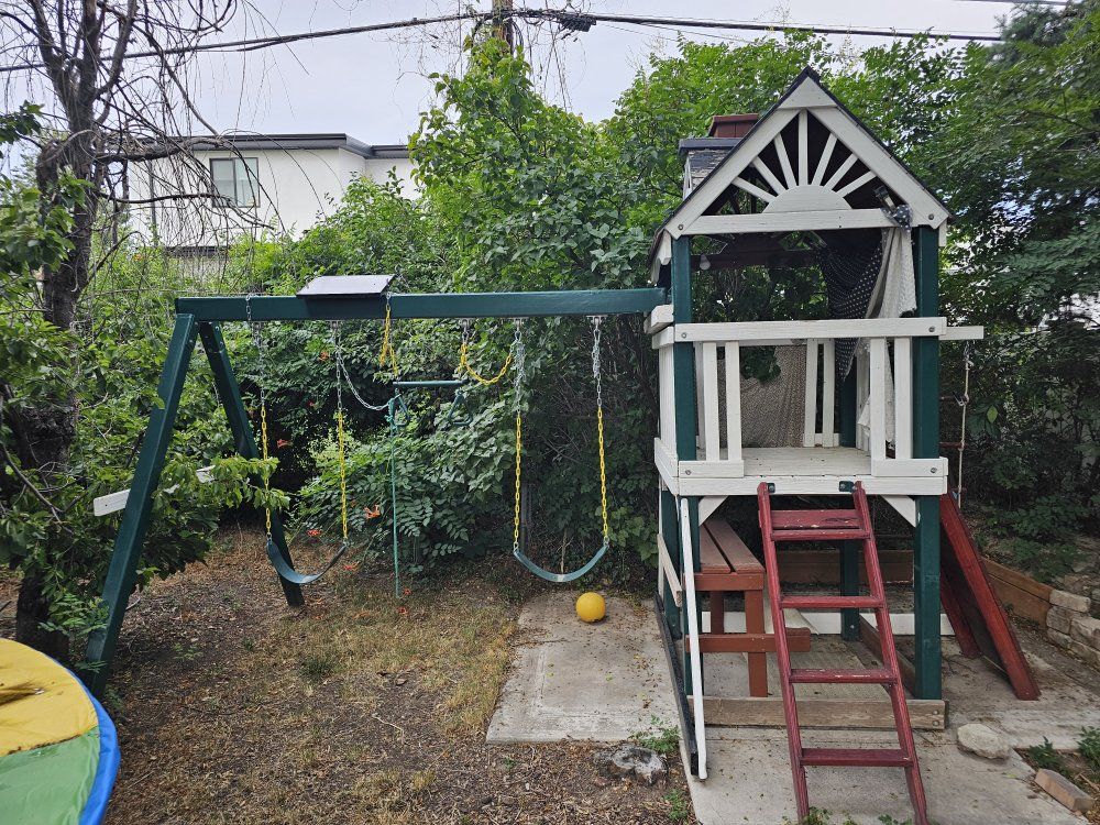 Used Backyard Wooden Swing Set & Playhouse - Great for Outdoor Fun