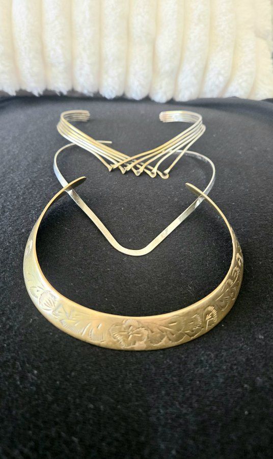 Lot of 3!! Vintage Modernist Collar Necklace - Brass Boho, Silver Chevron, Brutalist Mixed Metal Wire Torques Chokers