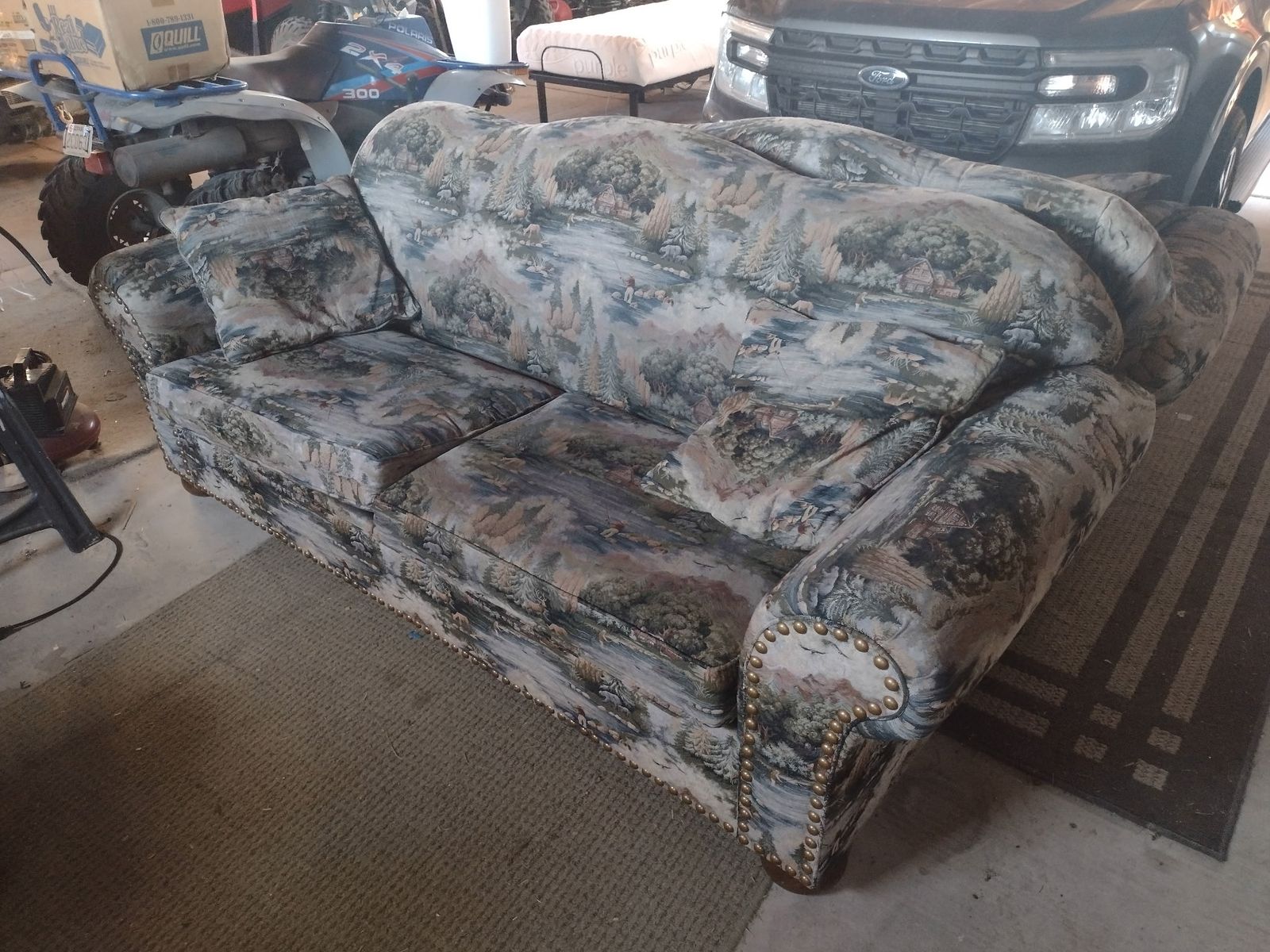 Rustic Scenic Print Three-Seater Sofa with Nailhead Trim