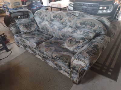 Rustic Scenic Print Three-Seater Sofa with Nailhead Trim