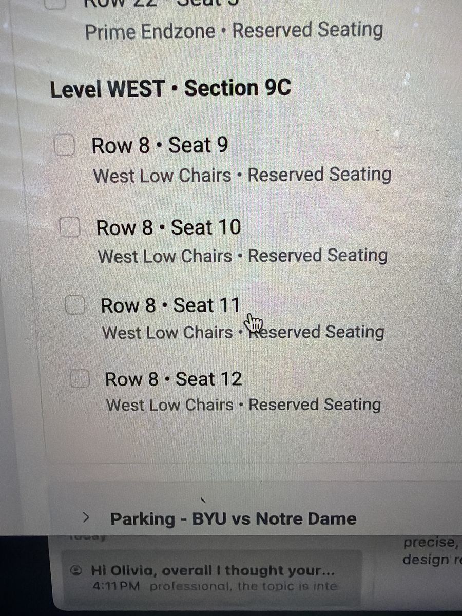 4 BYU/NOTRE DAME GAME TICKETS WEST LOW CHAIRS