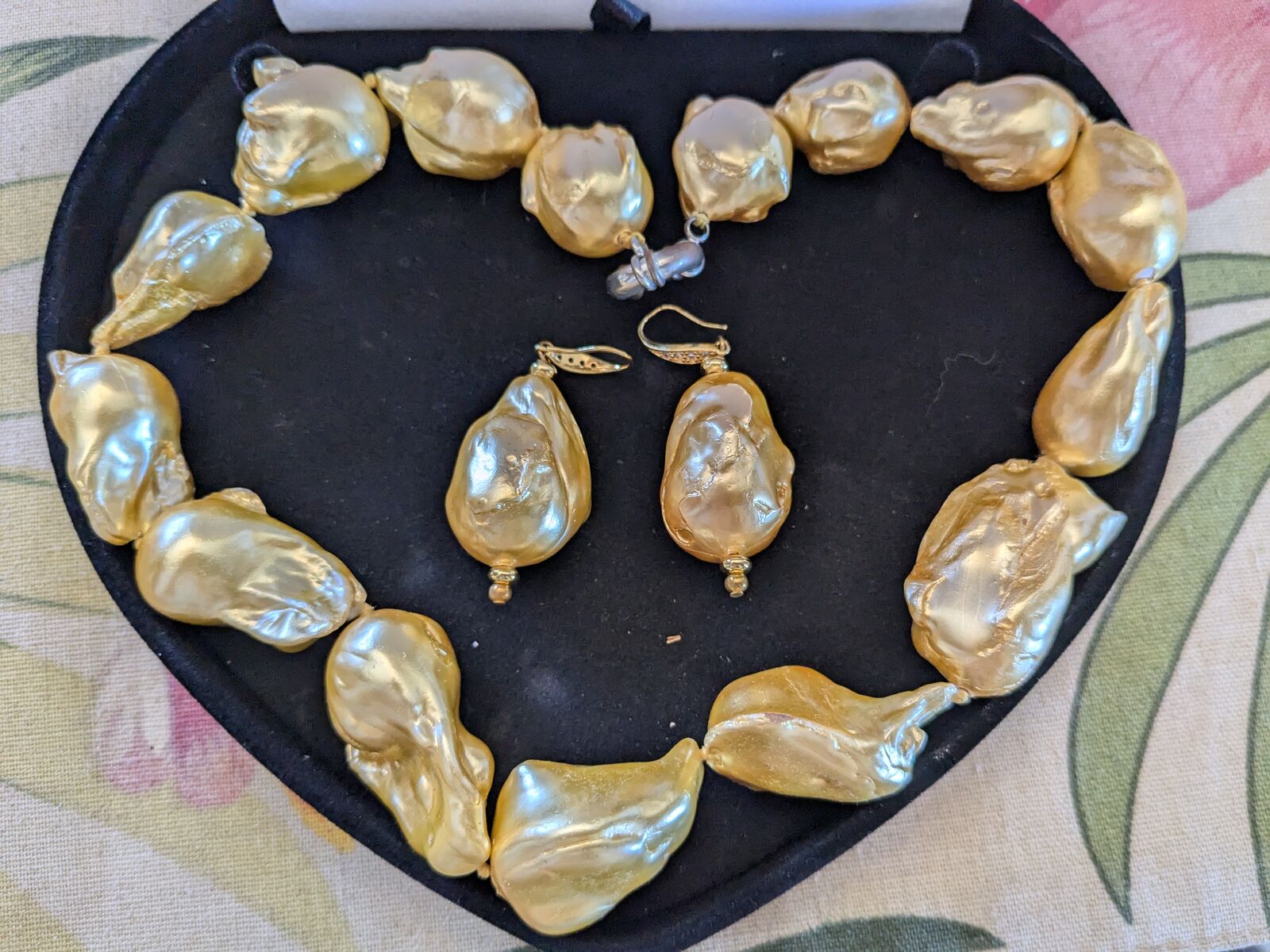 14x18mm Golden Baroque authentic pearl necklace with earrings with 14k gold posts.