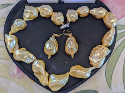 14x18mm Golden Baroque authentic pearl necklace with earrings with 14k gold posts.