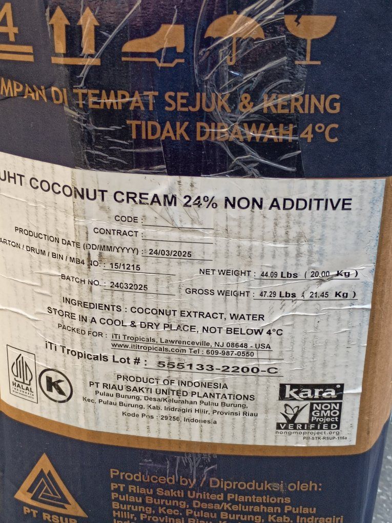 5 gallon kara uht coconut cream 24% not additive