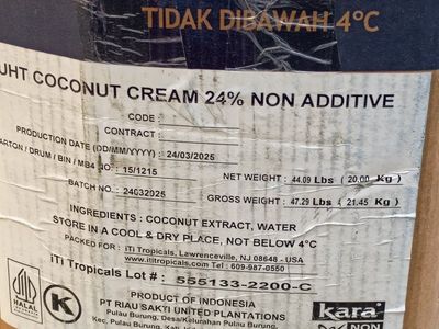 5 gallon kara uht coconut cream 24% not additive