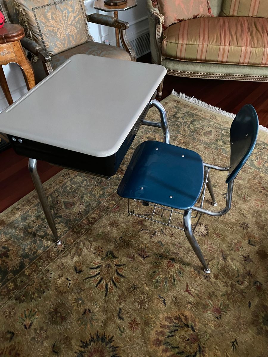 Mid-Century Modern School Desk & Chair Set - Chrome Legs, Grey Top, Teal Seat