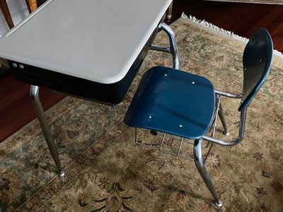 Mid-Century Modern School Desk & Chair Set - Chrome Legs, Grey Top, Teal Seat