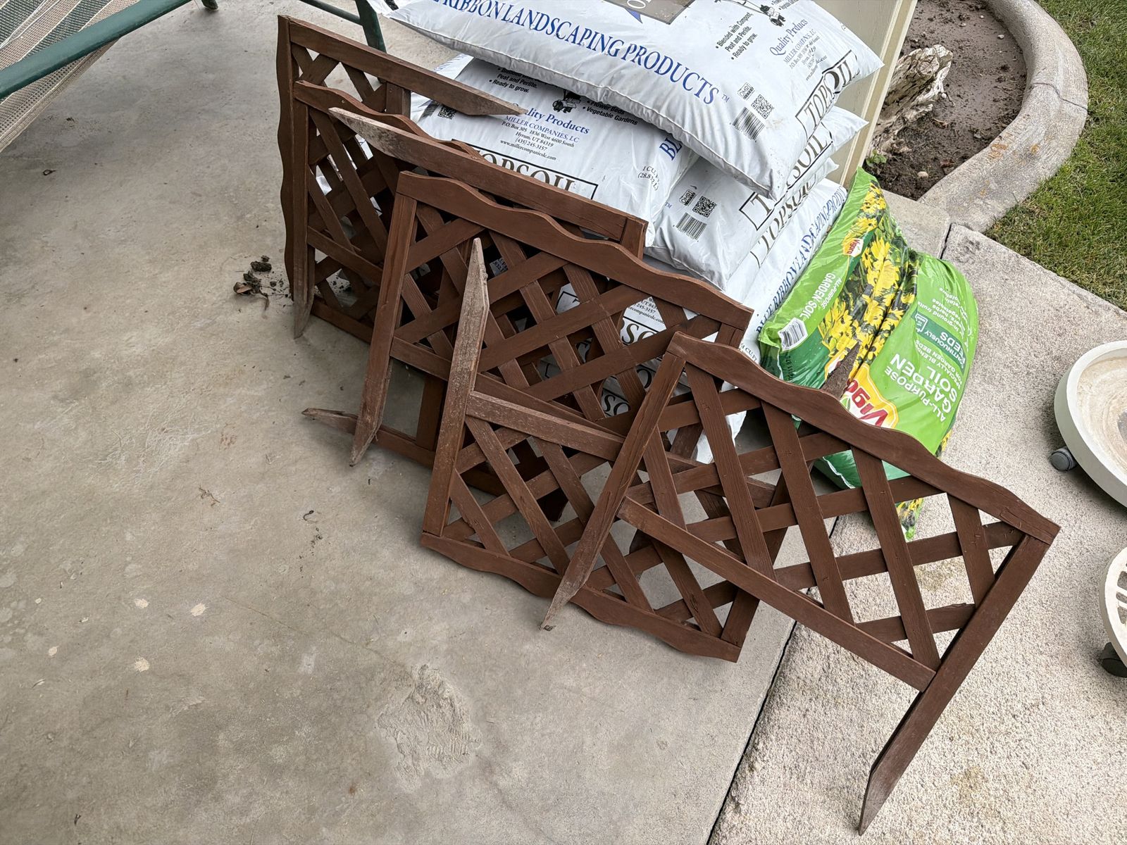 Decorative Wooden Garden Fence Sections - 4 Used Brown Lattice Edging Panels