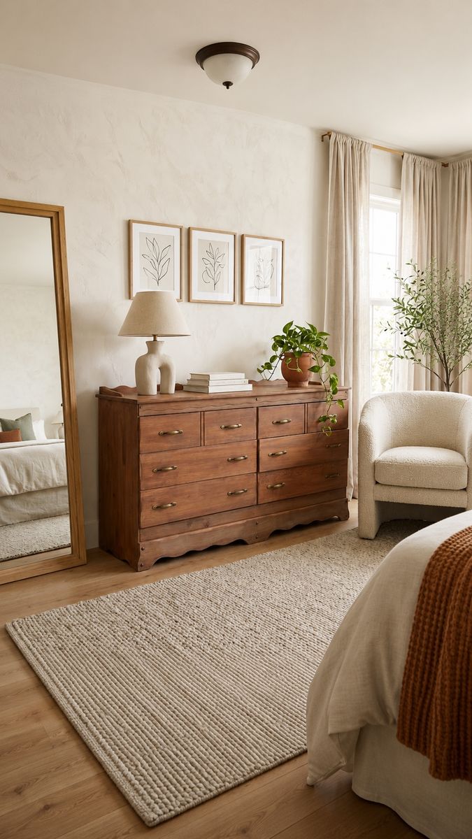 Vintage English Provincial 6-Drawer Dresser Credenza w/Organic Scalloped Apron & Gallery Back w/Original Brass Bardware