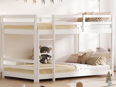 White Wood Twin Over Twin Bunk Bed with Convertible Ladder - Detachable Design just the frame