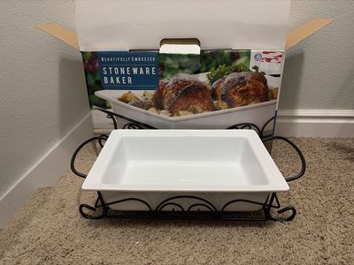 New Certified International Embossed Stoneware Baker with Metal Rack, White, Dishwasher/Microwave/Oven Safe