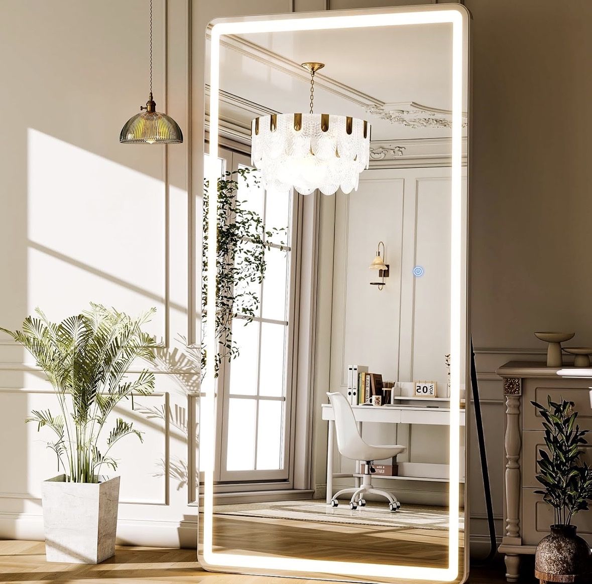 Early 76”x34” Full Length Mirror with Lights,LED Lighted Floor Standing, hanging Full Length with stand, full body dressing 