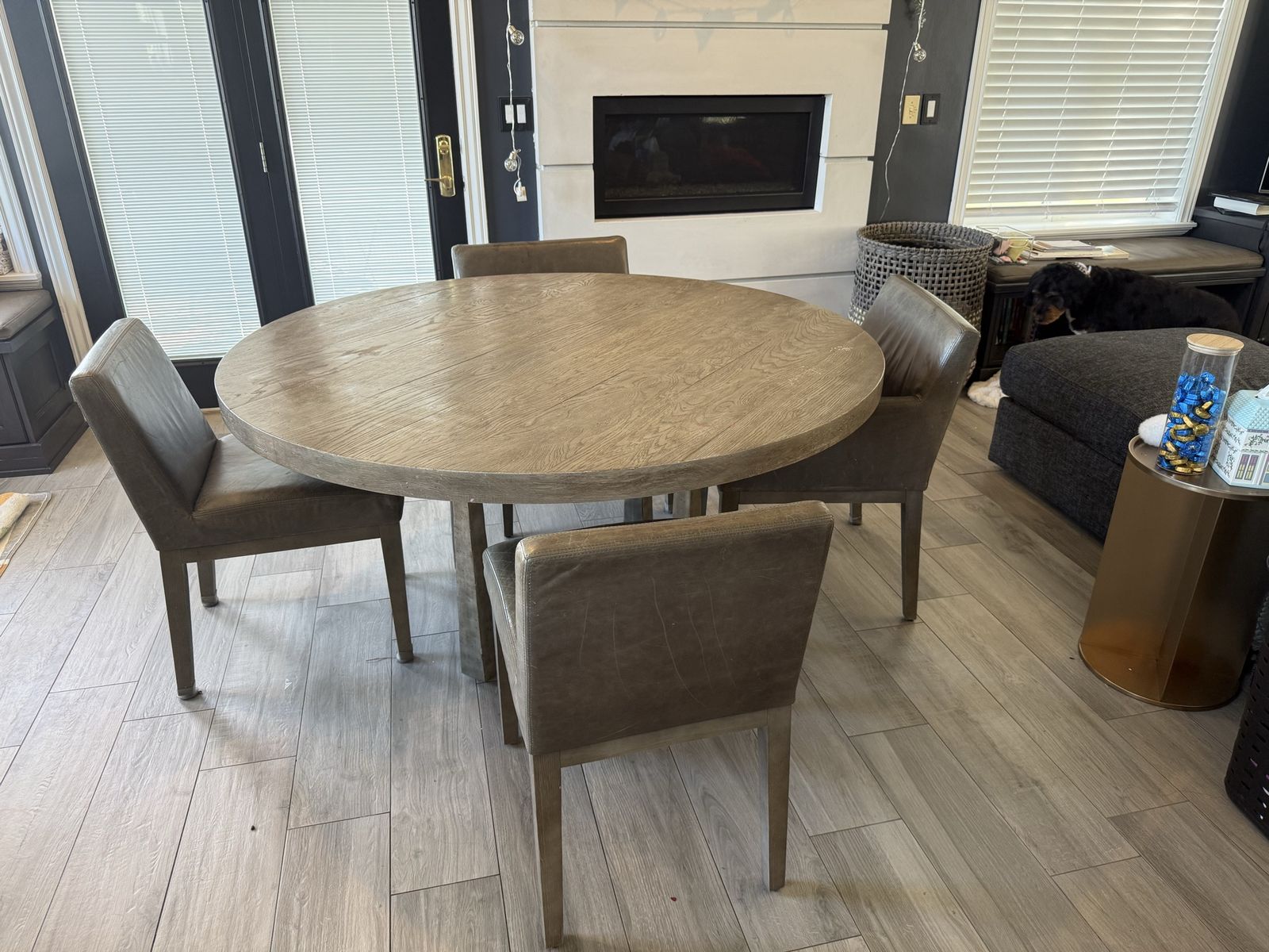 Restoration Hardware  Dining Table with Metal Base and 6 Leather Chairs
