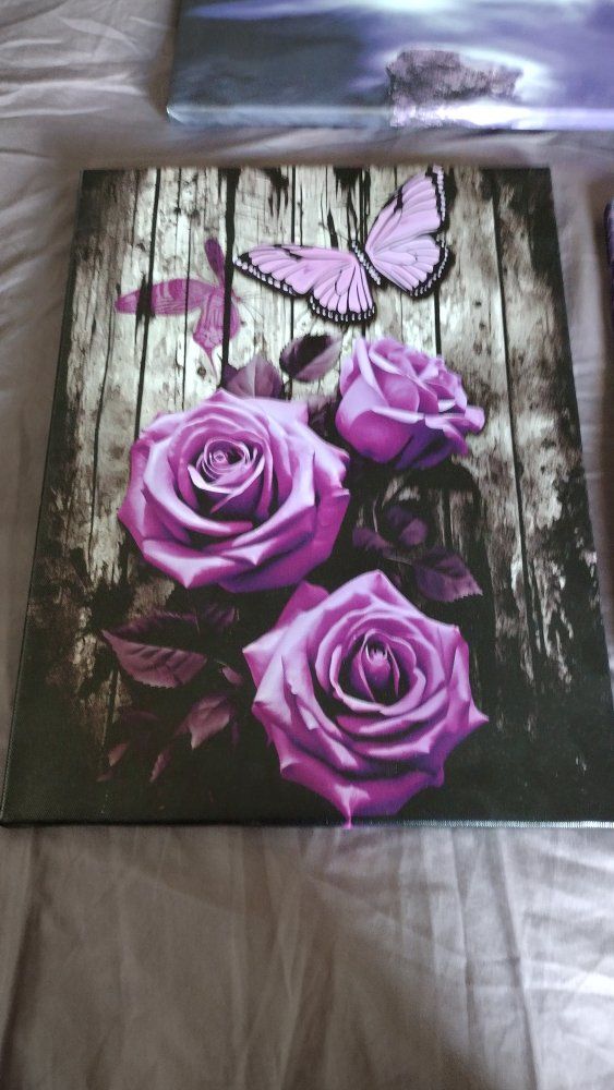 Set of 3 Purple-Toned Canvas Art Prints: Waterfall & Floral Butterfly Designs, Home Decor